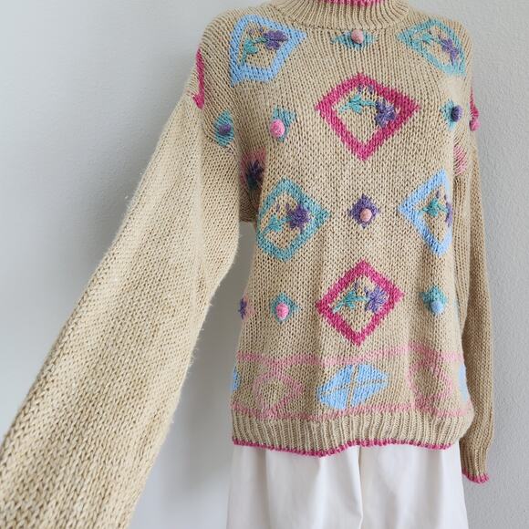Vintage Cabin Creek Tan Spring Floral Pink Crew Neck Knit Sweater S - Picture 3 of 11